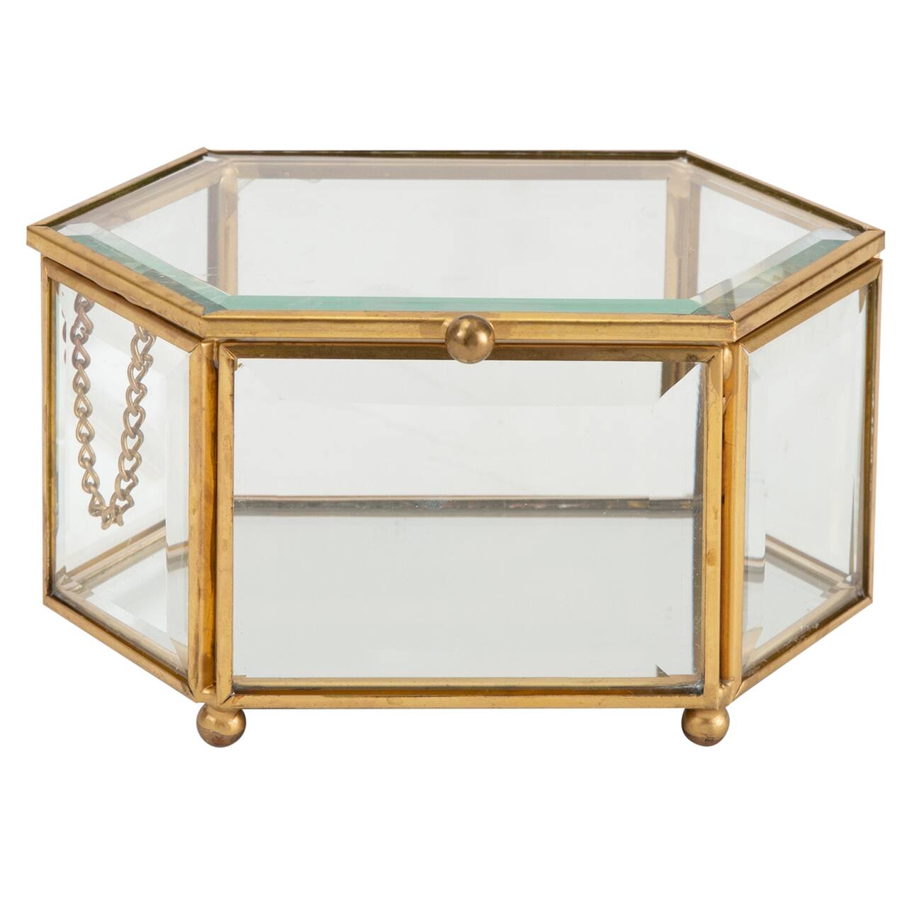 Home Details Vintage Mirrored Bottom Gold Hexagonal Glass Keepsake Box